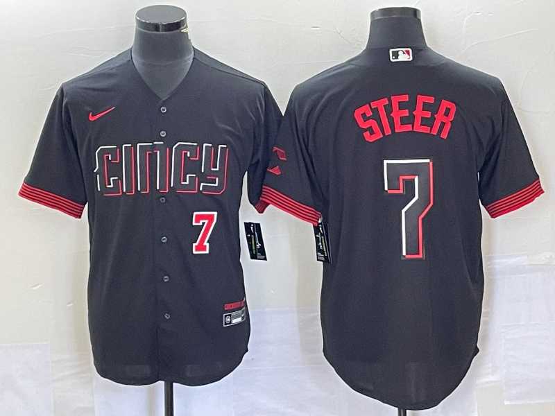 Mens Cincinnati Reds #7 Spencer Steer Numer Black 2023 City Connect Cool Base Stitched Baseball Jersey